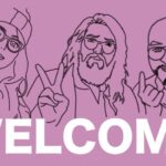 3 personas saludando dibujadas en linea, sobre un fondo rosa, con el texto welcome