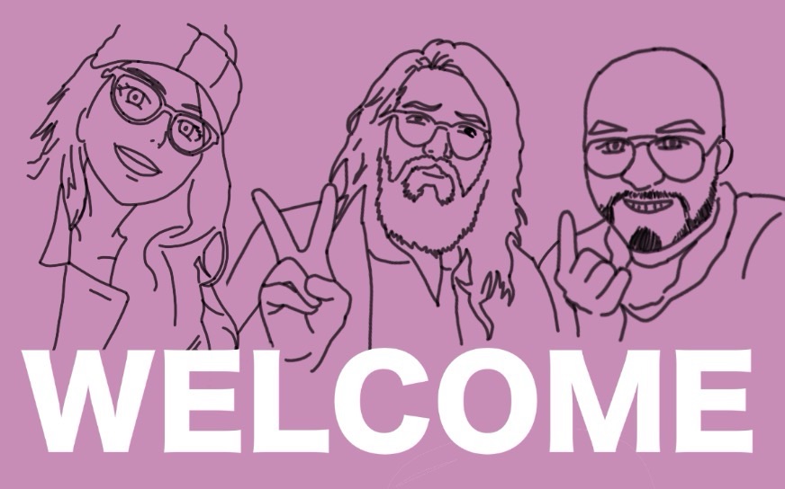 3 personas saludando dibujadas en linea, sobre un fondo rosa, con el texto welcome